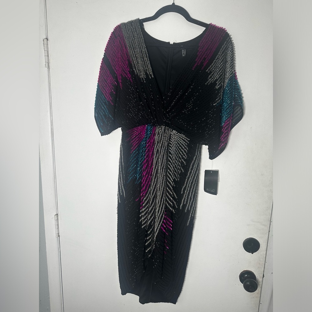 Aidan Mattox Women's Black V-Neck Beaded High-Low Faux-Wrap Dress Size 8 Ab13 - Picture 2 of 8